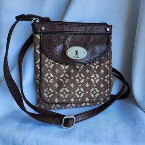 Fossil Leather/Cotton Brown Crossbody Bag